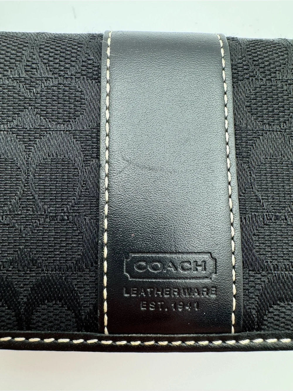 Vintage Coach Black Signature Jacquard Snap ID Card Case White Stitch Y2K Wallet